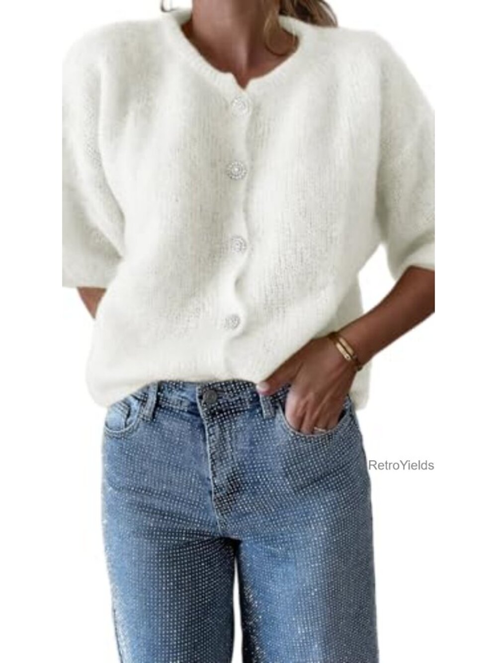 Lightweight Wool Blend Knit Cardigan Puff Short Sleeve Rhinestone Buttons